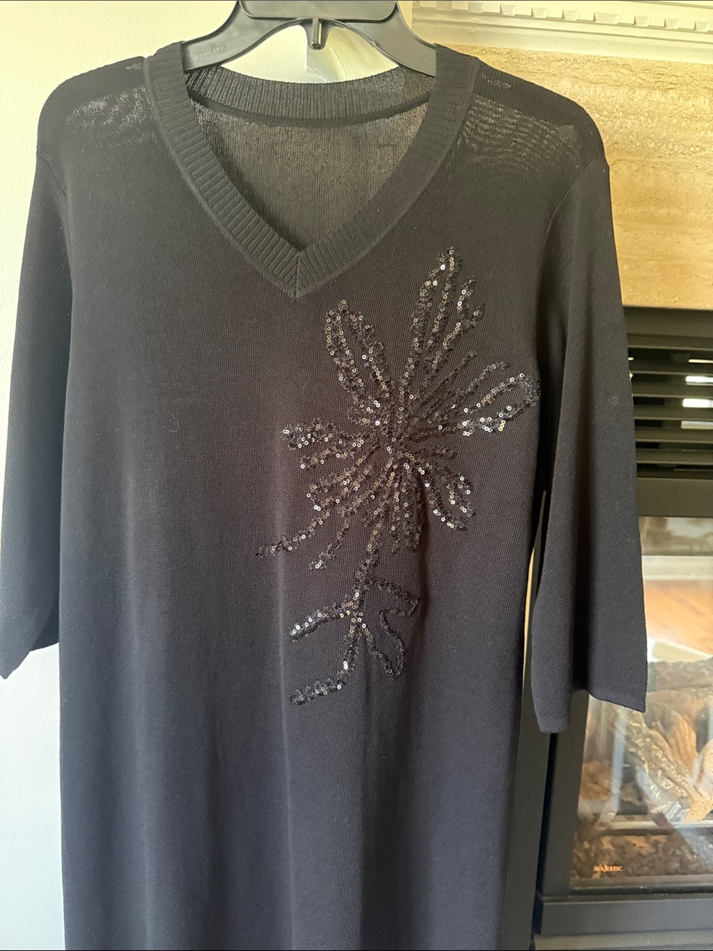 Black V-Neck Sequin Floral Women's Sweater Dress